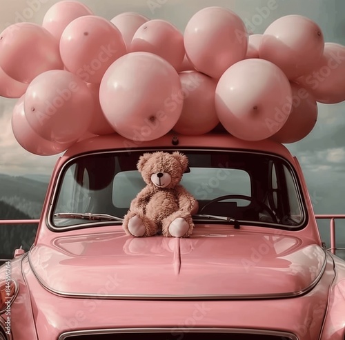 A plush teddy bear sits on the hood of a pink vintage car adorned with matching balloons against a scenic backdrop. photo