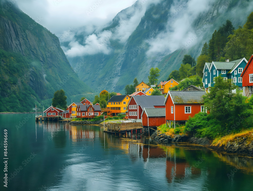 Naklejka premium A traditional fishing village on a Norwegian fjord