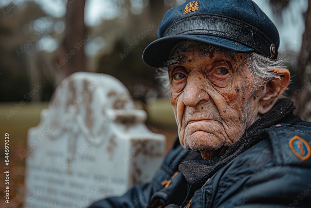 Capture the solemn moment of an elderly veteran soldier, in uniform and wheelchair, paying respects at a friend's grave, with an American flag in the background, symbolizing honor Capture the solemn moment of an elderly veteran soldier, in uniform and wheelchair, paying respects at a friend's grave, with an American flag in the background, symbolizing honor