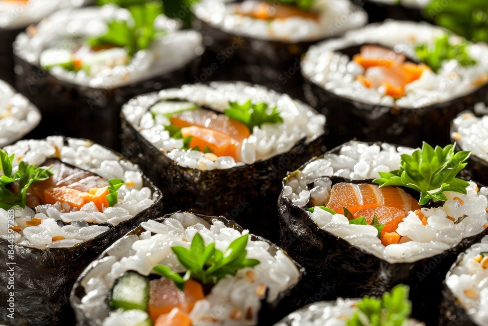Fresh maki sushi rolls with salmon and avocado on white background, vibrant and delicious, perfect for gourmet dining and culinary delight Fresh maki sushi rolls with salmon and avocado on white background, vibrant and delicious, perfect for gourmet dining and culinary delight