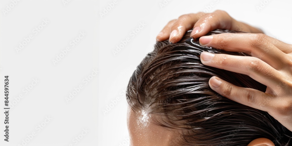 Naklejka premium Close-Up of Person Applying Hair Treatment for Healthy Scalp