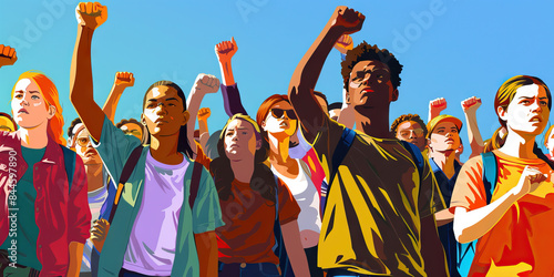 The Rally for Change: College Students Uniting for a Cause - An illustration showing students from diverse backgrounds coming together in a rally, demonstrating their solidarity and commitment to a co photo