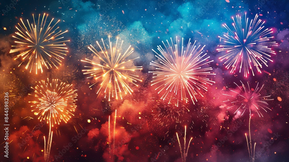 Naklejka premium Colorful fireworks display lighting up the night sky with bright explosions and vibrant colors, creating a festive celebration atmosphere.
