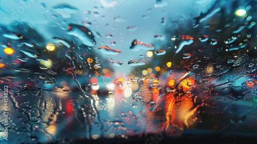 Blurred water droplets on the car window with raindrops on the driver s side of the vehicle