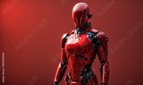 Marketing Campaign, Futuristic Red Humanoid Robot on Red Background, Technology, Innovation, Robotics, AI.