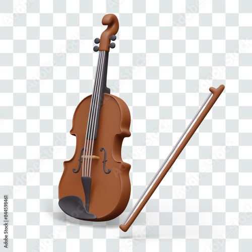 Realistic violin and bow. Classical stringed musical instrument