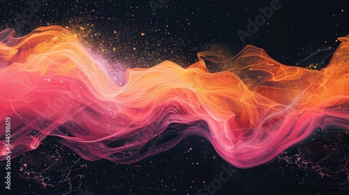 A vibrant orange and pink color flow with white accents, set against a black background with a grainy texture, ideal for a music cover or dance party poster.  © Farda Karimov