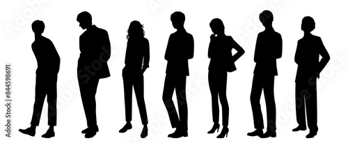 Vector silhouettes of  men and a women, a group of standing   business people, profile, black  color isolated on white background
