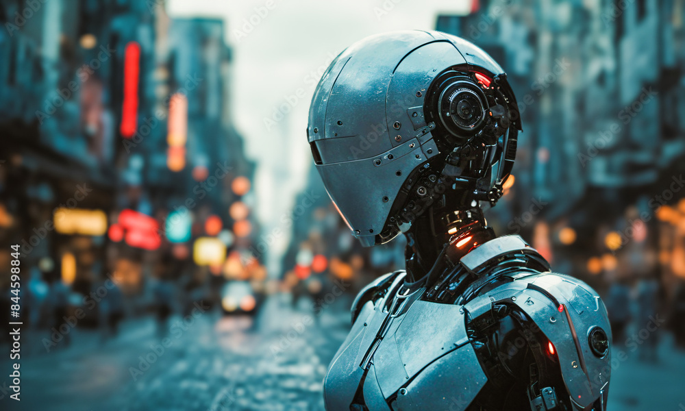 Website Banner, Futuristic Black Robot with Sleek Design and Red Eyes in Cityscape, AI, Robotics, Technology, Cyberpunk Website Banner, Futuristic Black Robot with Sleek Design and Red Eyes in Cityscape, AI, Robotics, Technology, Cyberpunk