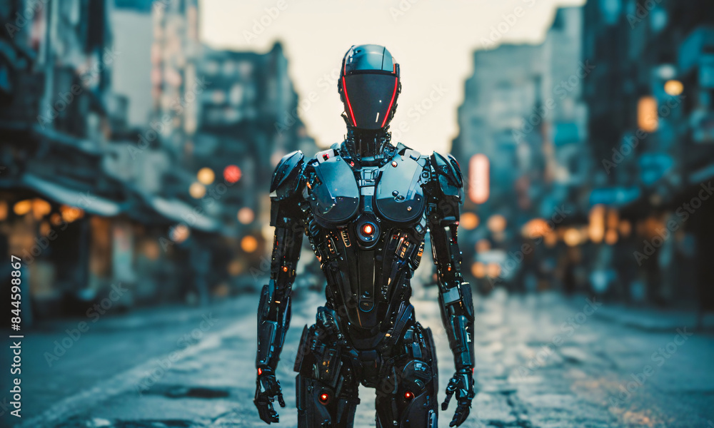 Website Banner, Futuristic Robot with Sleek Design and Red Eyes in Urban Setting, AI, Robotics, Technology, Cyberpunk Website Banner, Futuristic Robot with Sleek Design and Red Eyes in Urban Setting, AI, Robotics, Technology, Cyberpunk