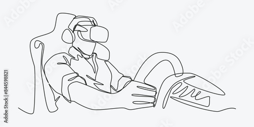 Continuous one line drawing of guy using virtual reality headset and playing car racing game, racing simulator. Editable line. Graphic illustration.