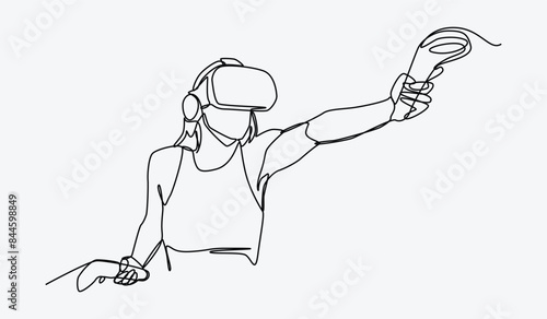 Continuous one line drawing of girl using virtual reality headset and playing shooter game. Editable line. Graphic illustration.