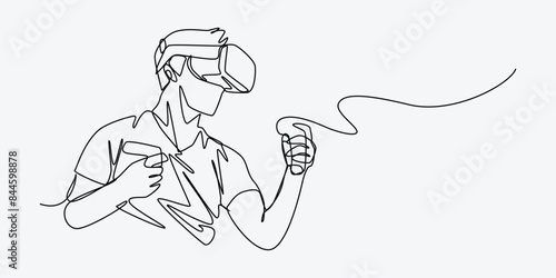 Continuous one line drawing of guy using virtual reality headset and playing boxing, fighting, action game. Editable line. Graphic illustration.
