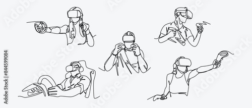 Set continuous line drawing of different people playing game using VR headset. Editable line. Graphic illustration.