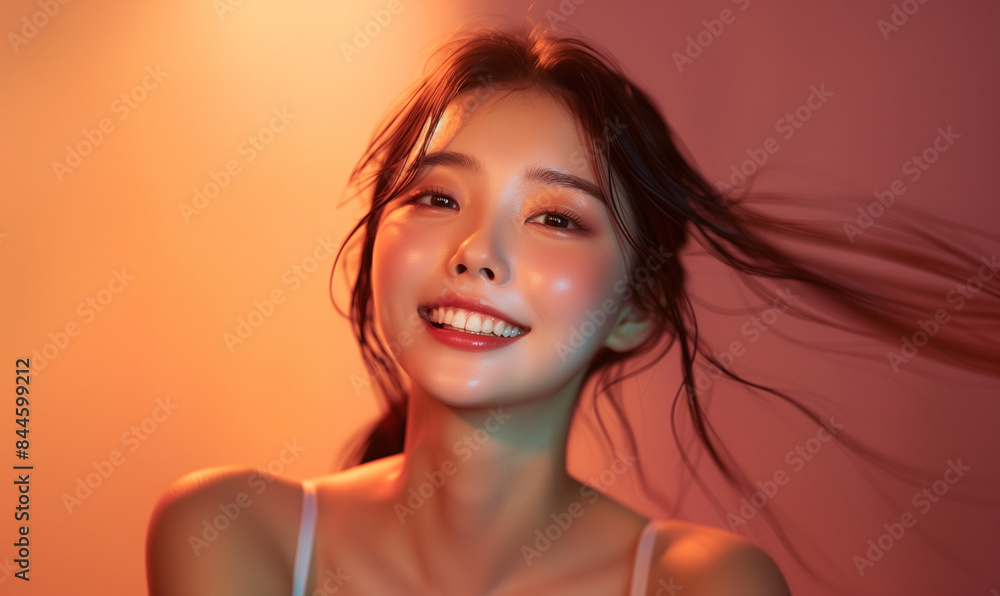 Young Asian woman with natural makeup smiling in neon light. Studio portrait. Fashion and beauty concept for design and print Young Asian woman with natural makeup smiling in neon light. Studio portrait. Fashion and beauty concept for design and print