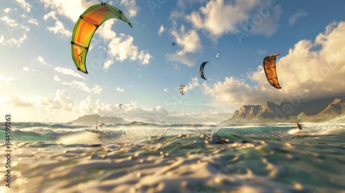 Athletes in wetsuits doing tricks in the air flying with kites in wetsuits at sunset in the sea.