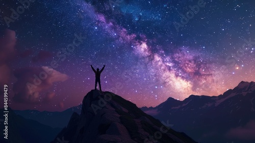 Night sky with stars and silhouette of happy man standing on mountain.AI generated image