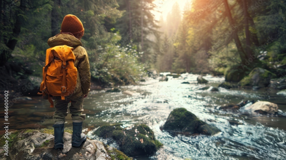 A small child wears a backpack and walks in the river.AI generated image A small child wears a backpack and walks in the river.AI generated image
