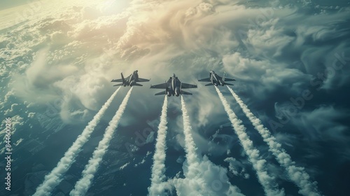 Three fighter jets flying in close formation at a high altitude, leaving contrails behind them. The sky is partly cloudy with dramatic cloud formations below and a bright sky above photo