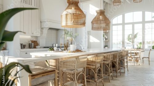 Modern kitchen with a coastal or beach house aesthetic. The room is well-lit with natural light coming from large arched windows