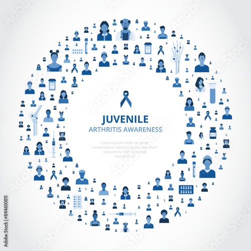 Circular shaped arrangement of children, medical equipment, healthcare personnel and symbols associated with juvenile arthritis