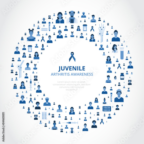 Circular shaped arrangement of children, medical equipment, healthcare personnel and symbols associated with juvenile arthritis photo