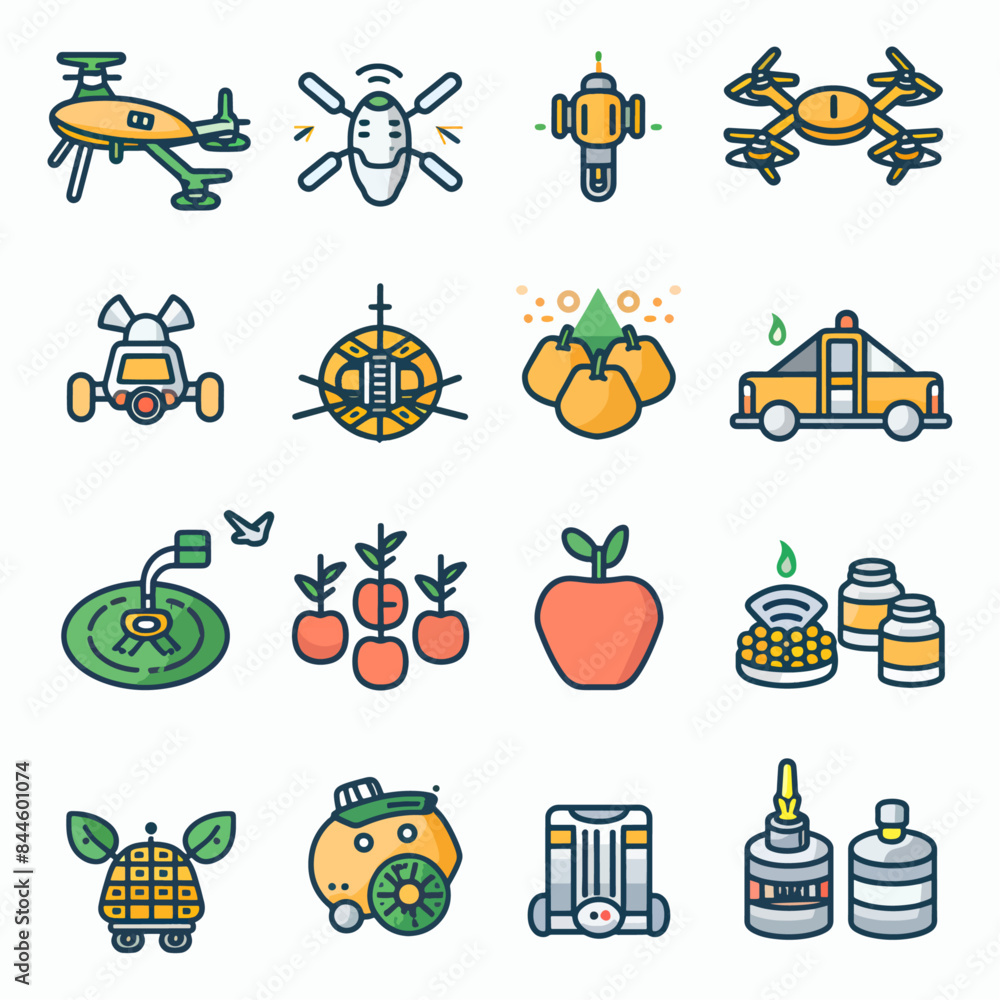Fototapeta premium Agritech and Sustainable Farming Icons Agri-tech tools (drone, smart irrigation, sensor) Sustainable farming -2
