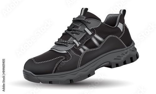 Realistic black hiking shoe safety rubber fabric on white design for men vector