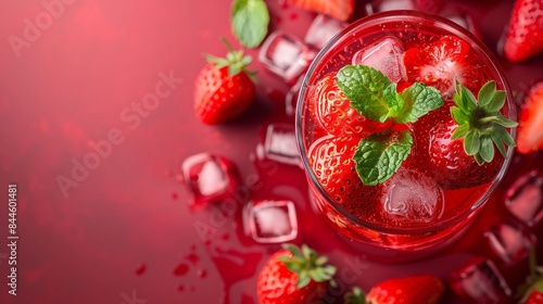 Wallpaper Mural Aerial View of Refreshing Strawberry Lemonade with Mint and Ice Cubes Red Background Torontodigital.ca