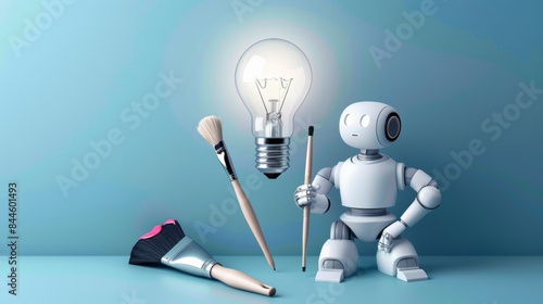 AI-powered creativity depicted through a lightbulb, robot, and paintbrush, symbolizing innovative solutions enhanced by technology in a sleek design. Created with Generative AI.