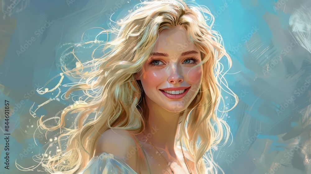 beautiful woman with long curly blonde hair smiling confidently digital painting beautiful woman with long curly blonde hair smiling confidently digital painting