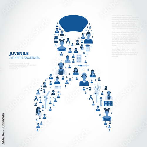 Awareness ribbon shaped arrangement of children, medical equipment, healthcare personnel and symbols associated with juvenile arthritis