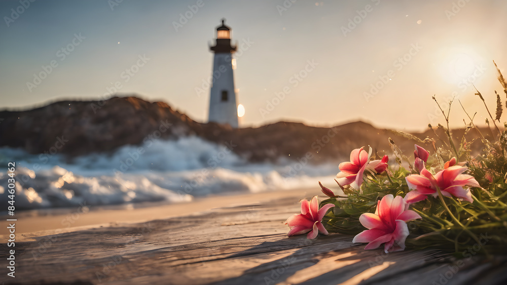 Panoramic view of a beautiful lighthouse with flowers by the ocean on a ...