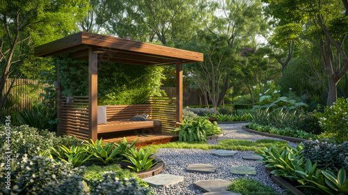 Cozy arbor and path at beautiful house backyard, pergola and bench in landscaped home garden, design of green back yard. Theme of landscaping, summer, nature, patio © Natalya