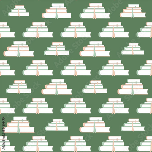 Seamless pattern with stacks of books in white and beige, accented with bookmarks against a dark green background, invoking a studious and literary atmosphere. Vector hand drawn flat illustration.