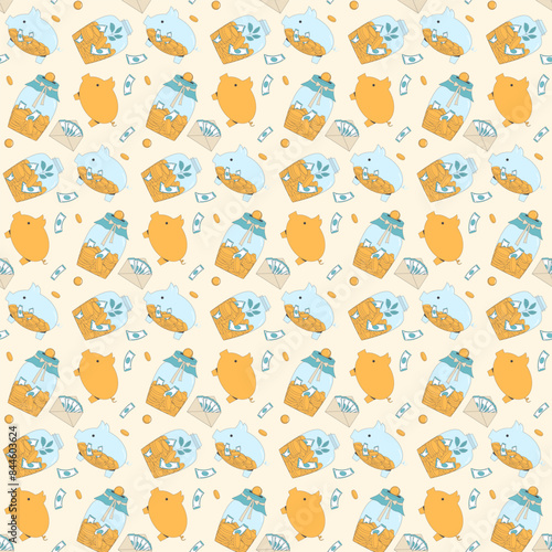 Seamless pattern of piggy banks, envelopes and paper currency, exemplifying the theme of savings and financial growth. Money repeatable background. Vector outline illustration.
