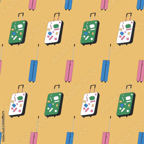 Seamless travel pattern reflecting Y2K aesthetics. Baggage with travel stickers repeatable background. Vector line art flat illustration.