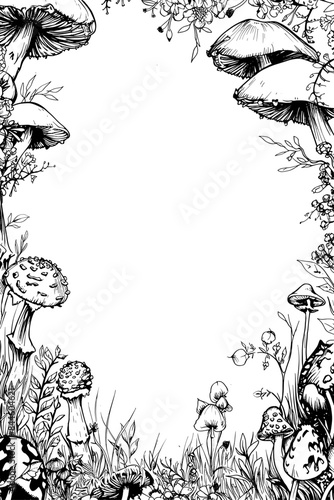 blank card with decorative mushroom border. mushrooms growing all around. black vector illustration. magical forest