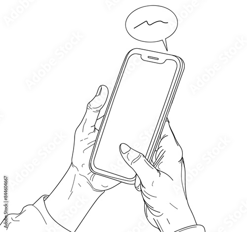 Simple line vector illustration of two hands texting on a smartphone. Isolated on white background.