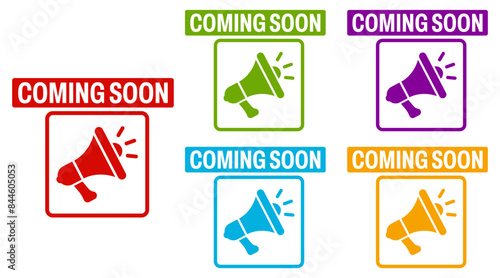 set trendy colorful coming soon labels icon. coming soon sign social media template design vector illustration