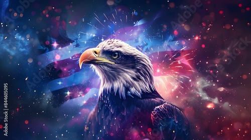 Majestic Patriotic Double Exposure of American Bald Eagle and Vibrant Fireworks Backdrop. Powerful Symbol of Freedom,Strength and National Pride. © vanilnilnilla