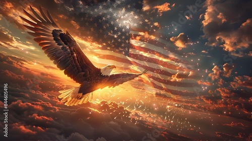 Majestic bald eagle soaring powerfully over a dramatic sky filled with exploding fireworks,American flag unfurled in the background.
