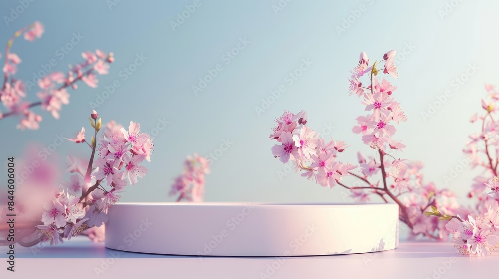 A white podium with pink cherry blossoms on the side, against a light blue background A white podium with pink cherry blossoms on the side, against a light blue background