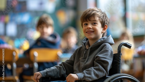 Experience the power of inclusivity as a young boy in a wheelchair actively participates in a group activity in the classroom, fostering a sense of unity, diversity