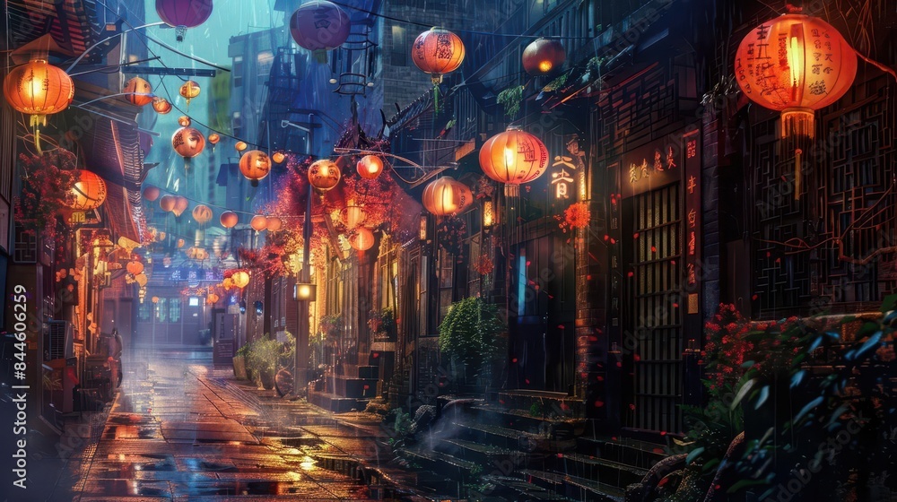 Obraz premium enchanting chinatown alleyway illuminated by vibrant hanging lanterns atmospheric urban scene digital painting