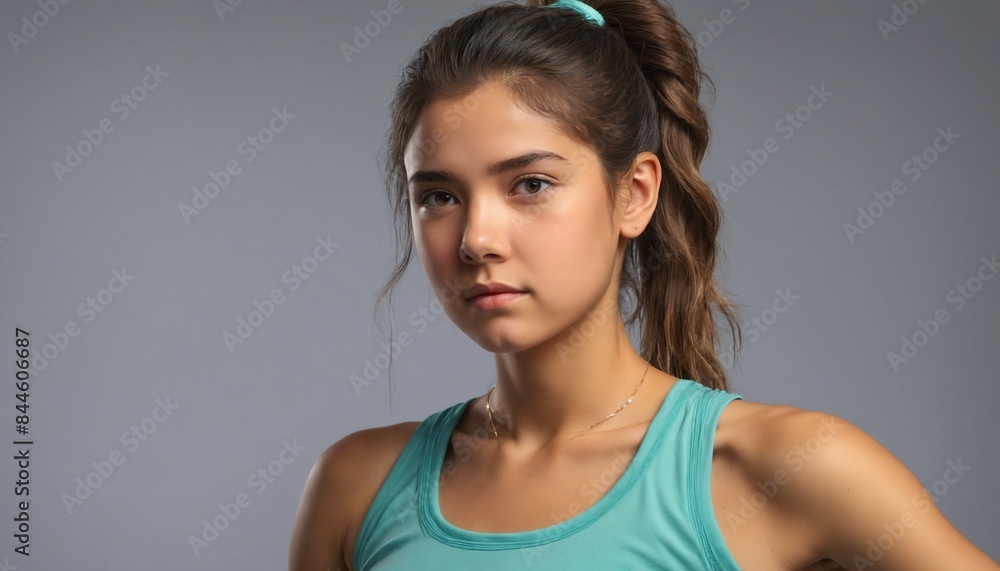A young woman with a ponytail is wearing a blue turquoise tank top for exercise, workouts, ฟทก sports. A young woman with a ponytail is wearing a blue turquoise tank top for exercise, workouts, ฟทก sports.