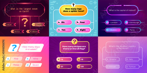 Trivia game ui. Question and answer template for quiz show, multiple choice interface with buttons and timer. Vector game app layout. Presentation or competition with various options