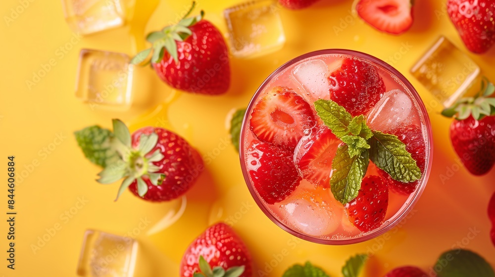 Aerial View of Refreshing Strawberry Lemonade with Mint and Ice Cubes Yellow Background Aerial View of Refreshing Strawberry Lemonade with Mint and Ice Cubes Yellow Background