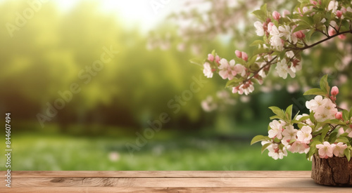 Empty wooden table in front of abstract blurred spring flowers background for product display  can be used mock up for display or montage your products