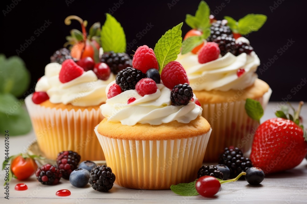 Gourmet cupcakes topped with whipped cream and assorted fresh berries on a wooden table Gourmet cupcakes topped with whipped cream and assorted fresh berries on a wooden table